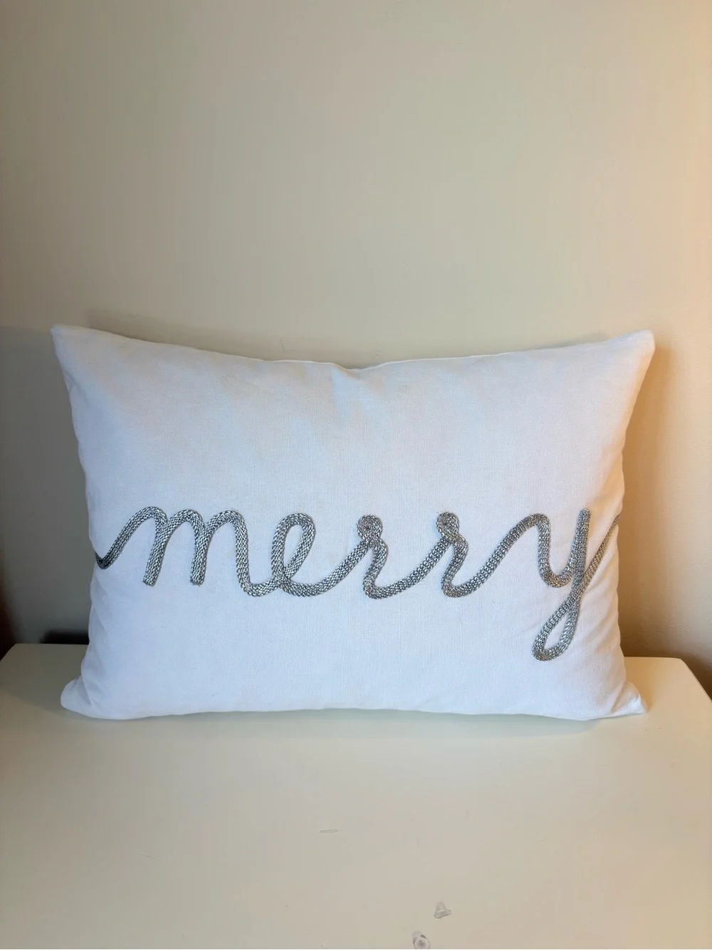 Merry Embroidered Holiday Lumbar Pillow - White